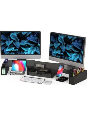 Dual Monitor Stand Riser with Drawer - Adjustable Height, Space-Saving Design
